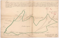 Plan et mesurage d'une pièce de bois usage appartenant par indivis aux habitants et communautés de Belval et cuchery, XVIIIè s.