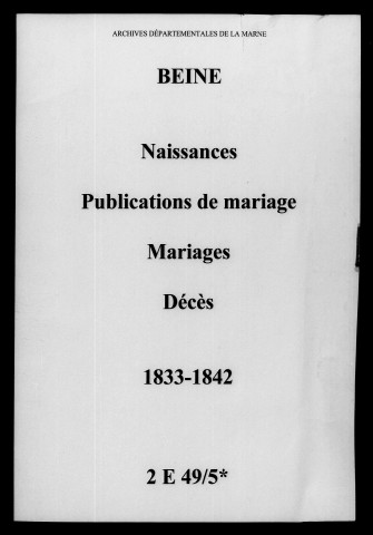 Beine. Naissances, publications de mariage, mariages, décès 1833-1842