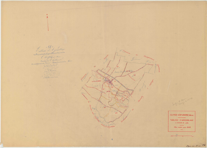 Cloyes-sur-Marne (51156). Tableau d'assemblage échelle 1/10000, plan mis à jour pour 1938, plan non régulier (papier)