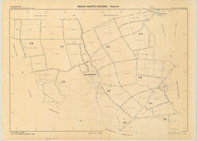 Braux-Sainte-Cohière (51082). Tableau d'assemblage échelle 1/5000, plan remembré pour 1969, plan régulier (papier)