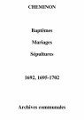 Cheminon. Baptêmes, mariages, sépultures 1692-1702