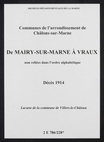 Communes de Mairy-sur-Marne à Vraux de l'arrondissement de Châlons. Décès 1914