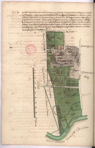 Plan de la portion du village de Courcelles, prés, terres et autres héritages, situés entre cette portion de village et le terroir de Champigny (1759)