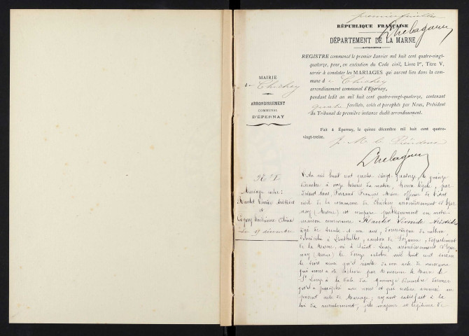 Chichey. Mariages 1893-1929