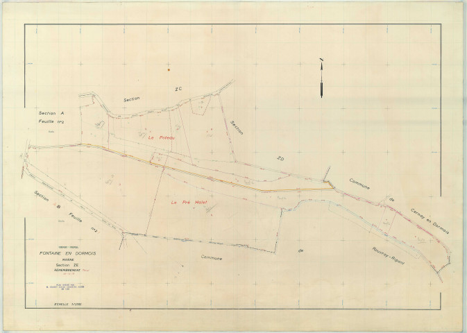 Fontaine-en-Dormois (51255). Section ZE échelle 1/2000, plan remembré pour 1968, plan régulier (papier armé)