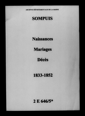 Sompuis. Naissances, mariages, décès 1833-1852