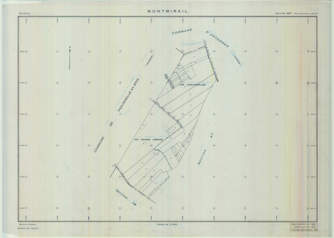 Montmirail (51380). Section XA échelle 1/2000, plan remembré pour 01/01/1962, régulier avant 20/03/1980 (calque)