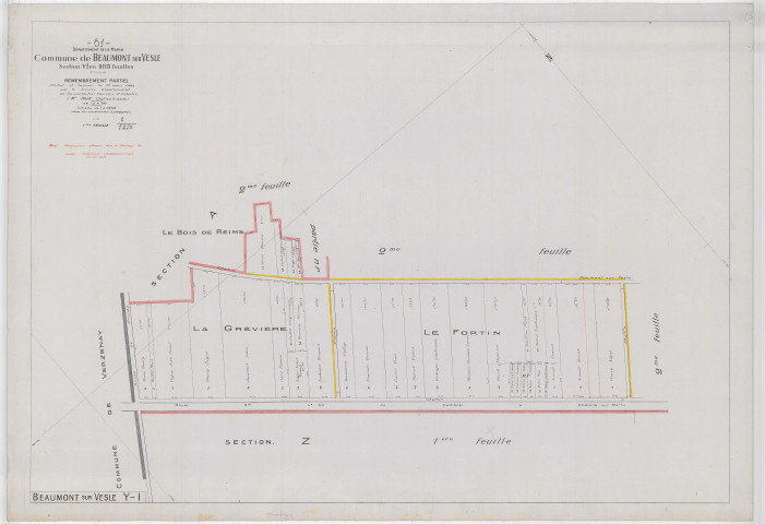 Beaumont-sur-Vesle (51044). Section Y1 2 échelle 1/1250, plan remembré pour 1922, plan régulier (papier).