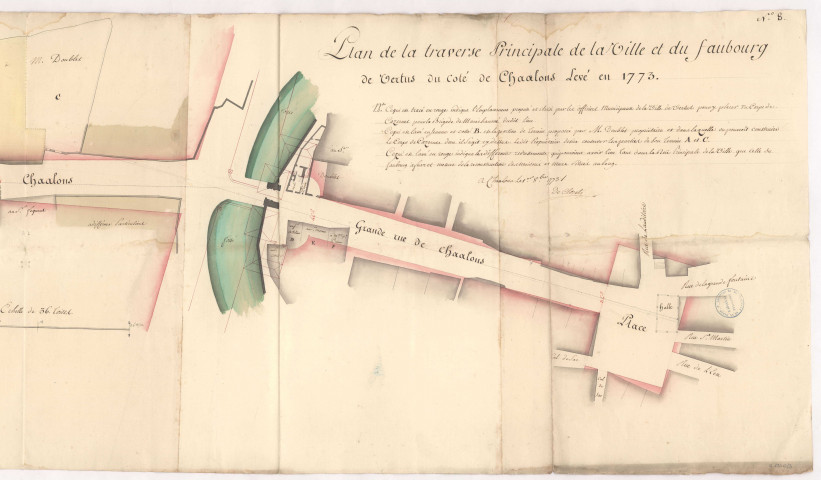 Plan de la traverse principale de la ville et du faubourg de Vertus du côté de Chaalons, dréssé par M. l'ingénieur De Closet, levé en 1773.