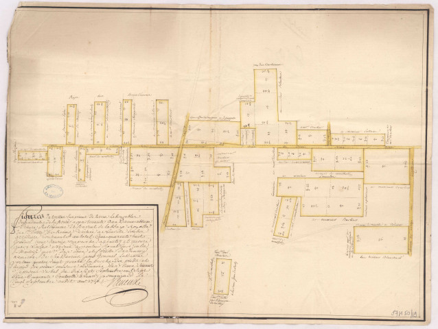 Plan de toutes les pièces labourables dépendantes de la ferme appartenant aux dames de l'abbaye Royale St Pierre de Reims situées à Neuville sous Arzillière (1740), Nicolas Neveux