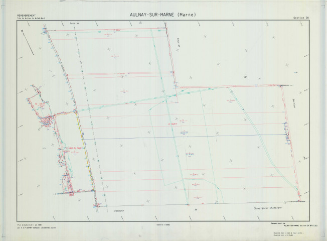 Aulnay-sur-Marne (51023). Section ZK échelle 1/2000, plan remembré pour 1990, plan régulier (calque)