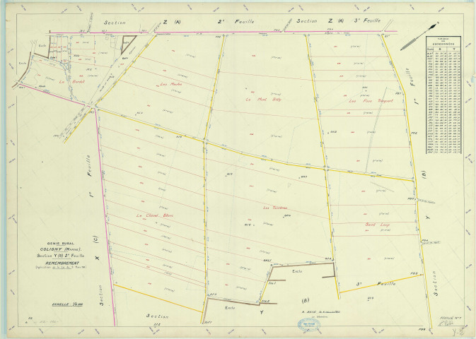Val-des-Marais (51158). Coligny (51158). Section Y2 1 échelle 1/2000, plan remembré pour 1954, plan régulier (papier)