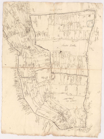 Plan du bourg et terroir d'Avenay seigneurie appartenant à Mesdames Abbesse et Religieuses de l'abbaye Royale de Saint Pierre dudit Avenay, fin XVIIIème. Brouillon de l'arpentage du terroir d'Avenay. Quatrième feuille cotté D.