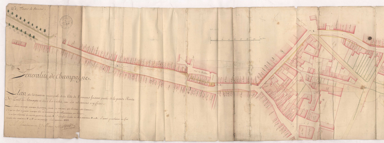 Plan de la traverse principale de la ville de Dormans faisant partie de la grande route de Paris en Allemagne, 1755.