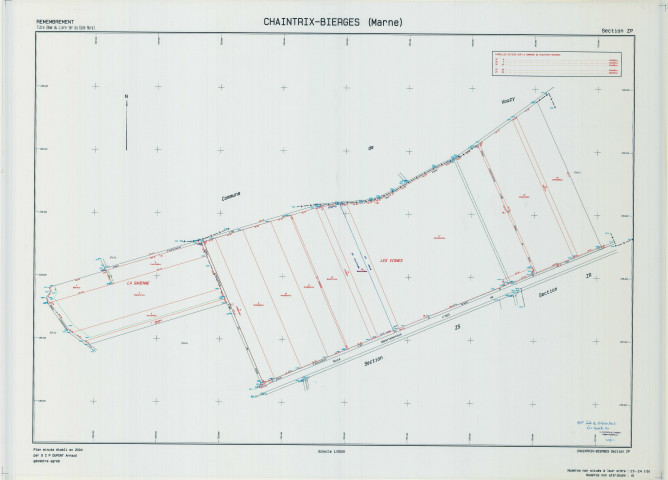 Chaintrix-Bierges (51107). Section ZP échelle 1/2000, plan remembré pour 2004, plan régulier (calque)