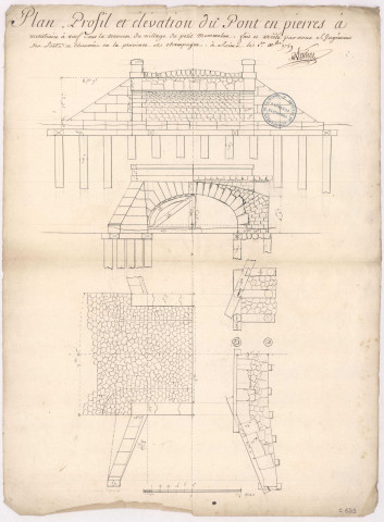 Plan profil et élévation du pont en pierre à construire à neuf dans la traverse du village du Petit Mourmelon, 1759.