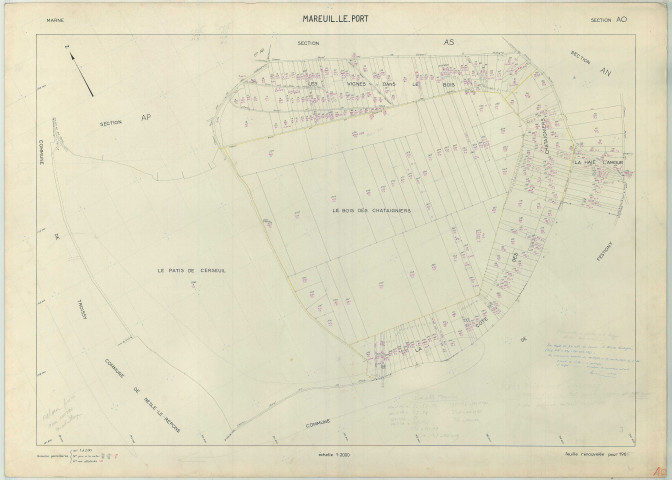 Mareuil-le-Port (51346). Section AO échelle 1/2000, plan renouvelé pour 01/01/1965, régulier avant 20/03/1980 (papier armé)