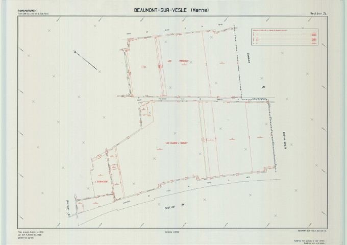 Beaumont-sur-Vesle (51044). Section ZL échelle 1/2000, plan remembré pour 2005, plan régulier de qualité P5 (calque).