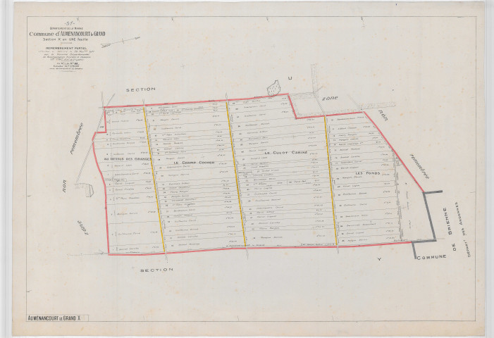 Auménancourt (51025). Section X1 3 échelle 1/2500, plan remembré pour 1921, ancienne commune de Auménancourt-le-Grand, plan régulier (papier).