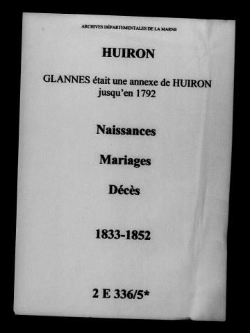 Huiron. Naissances, mariages, décès 1833-1852