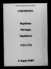 Cheminon. Baptêmes, mariages, sépultures 1723-1733