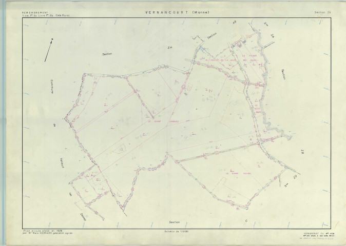 Vernancourt (51608). Section ZE échelle 1/2000, plan remembré pour 1976 (extension sur Vanault-les-Dames section D), plan régulier (papier armé)