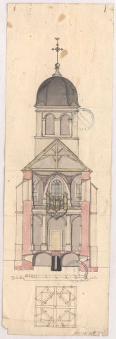 Abbaye de Notre Dame de Cheminon. Plan et élévation de la tour de l'église, XVIIIe s..
