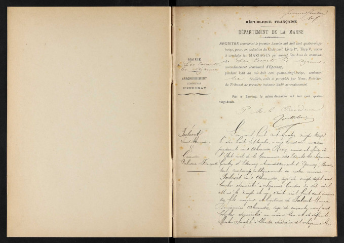 Essarts-lès-Sézanne (Les). Mariages 1893-1929