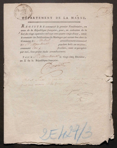 Mesnil-lès-Hurlus (Le). Publications de mariage an XI-1927