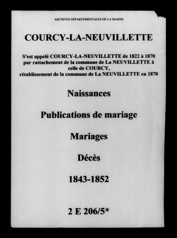 Courcy-La-Neuvillette. Naissances, publications de mariage, mariages, décès 1843-1852