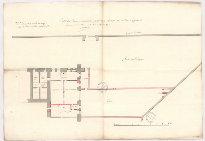 Plan des prisons provisionnelles à faire dans le couvent des cordeliers à Chaalons, 1771.