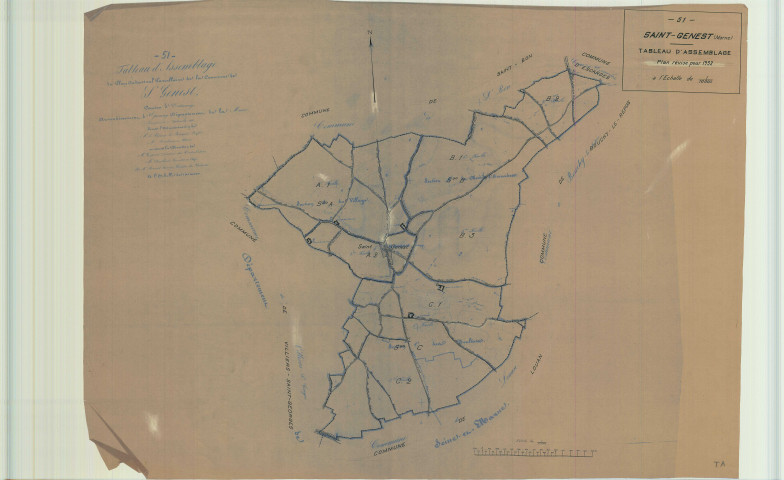 Bouchy-Saint-Genest (51071). Tableau d'assemblage échelle 1/10000, plan mis à jour pour 01/01/1932, non régulier (calque)