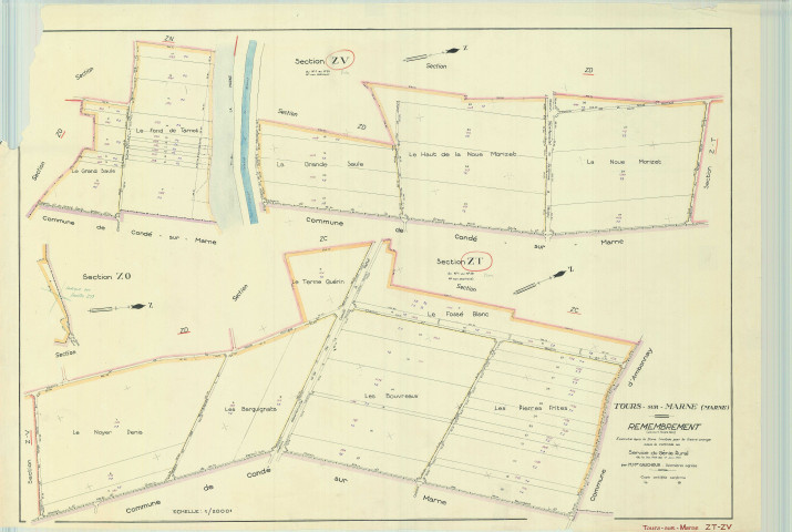 Tours-sur-Marne (51576). Section ZT échelle 1/2000, plan remembré pour 1962, contient une extension sur Tours-sur-Marne ZV, plan régulier (papier).