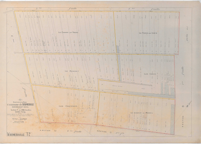 Warmeriville (51660). Section T2 échelle 1/1250, plan remembré pour 1923, plan régulier (papier).