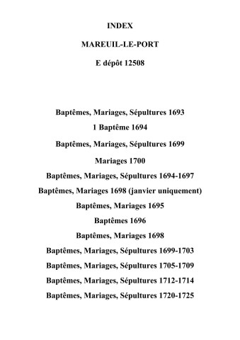 Mareuil-le-Port. Baptêmes, mariages, sépultures 1693-1725