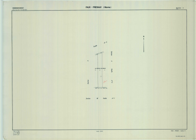 Faux-Fresnay (51243). X1 2 échelle 1/2000, plan remembré pour 01/01/1984, plan régulier de qualité P5. Contient une partie de la section X (calque)