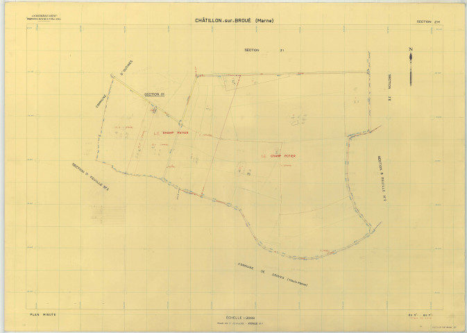 Châtillon-sur-Broué (51135). Section ZH échelle 1/2000, plan remembré pour 1981 (extension sur Outines ZC), plan régulier (papier armé)