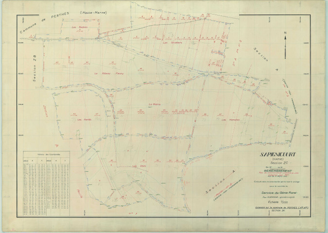 Sapignicourt (51522). Section ZC échelle 1/2000, plan remembré pour 1970 (extension sur Perthes (Haute-Marne) section ZK), plan régulier (papier armé)