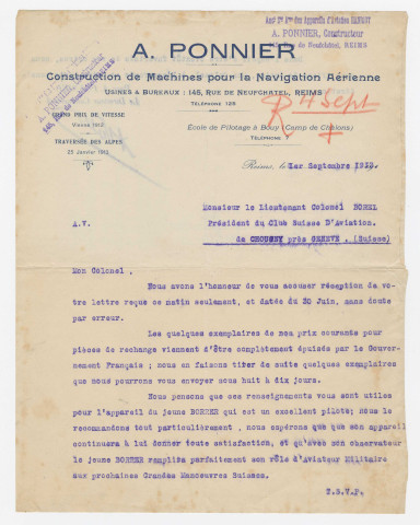 Correspondance tapuscrite d'Alfred Ponnier avec le Colonel Borel, président du Club Suisse d'aviation, concernant une vente d'aéroplanes