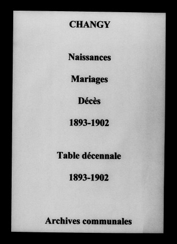Changy. Naissances, mariages, décès et tables décennales des naissances, mariages, décès 1893-1902