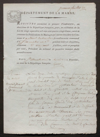 Mesnil-lès-Hurlus (Le). Publications de mariage an XI-1927