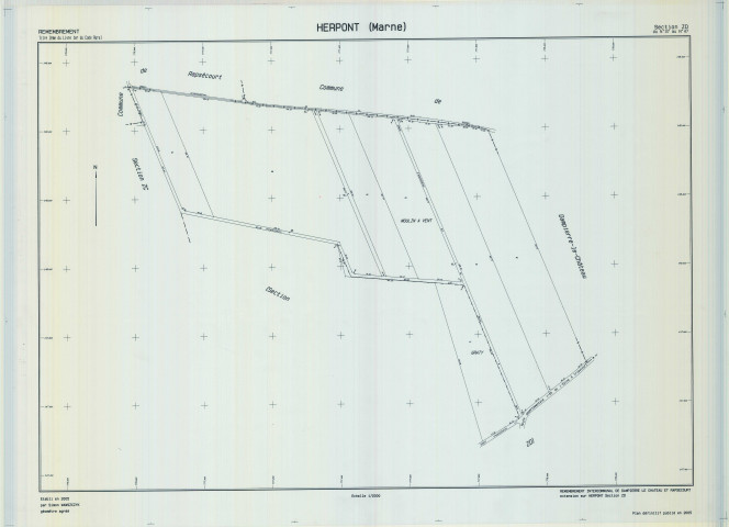 Herpont (51292). Section ZD échelle 1/2000, plan remembré pour 2005 (remembrement intercommunal sur Dampierre le Château et Rapsécourt), plan régulier (calque)