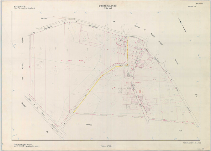 Val-des-Marais (51158). Morains (51383). Section ZK échelle 1/1000, plan remembré pour 1971, plan régulier (papier armé)