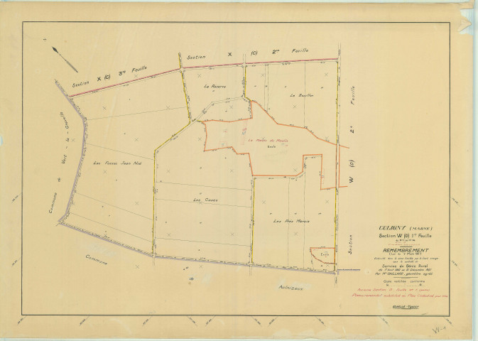 Val-des-Marais (51158). Coligny (51158). Section W1 échelle 1/2000, plan remembré pour 1954 ( ancienne section D1 ), plan régulier (papier)