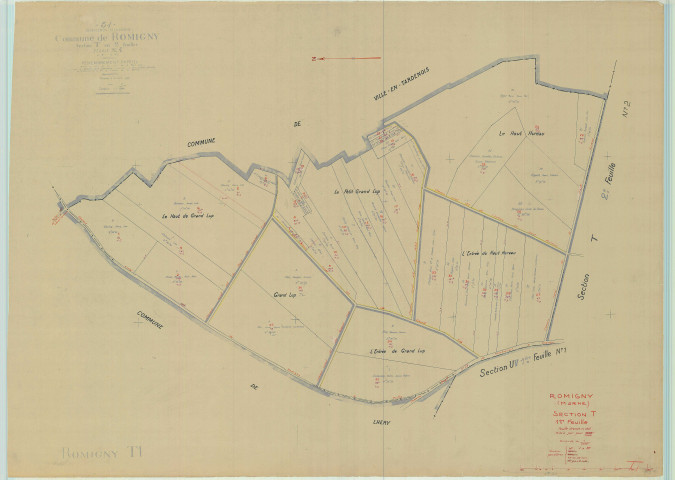 Romigny (51466). Section T1 échelle 1/2000, plan mis à jour pour 1960, plan non régulier (papier).