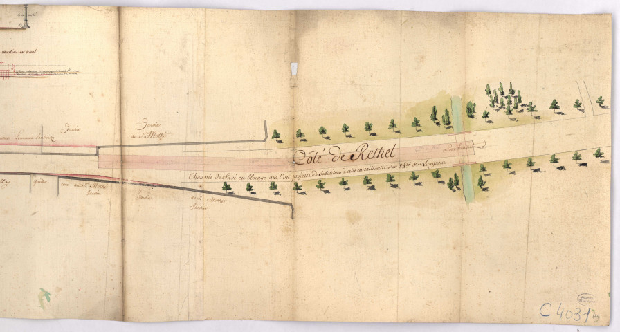 RN 51. Isles-sur-Suippes . Plan de traverse du village d' Ile grande route de Reims à Rethel, 1783.