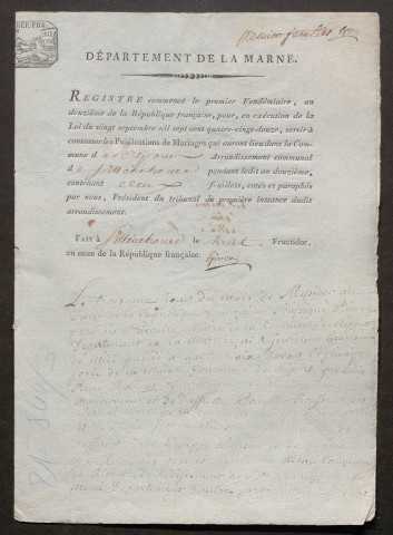 Ripont. Publications de mariage an XII-1927