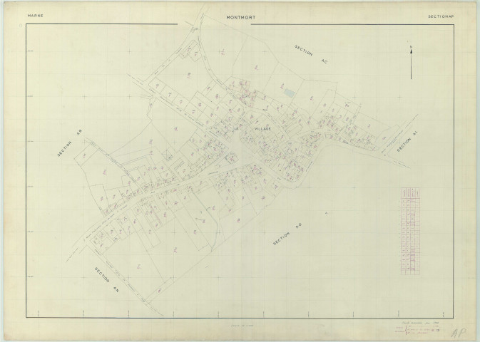 Montmort-Lucy (51381). Section AP échelle 1/1000, plan renouvelé pour 01/01/1965, régulier avant 20/03/1980 (papier armé)