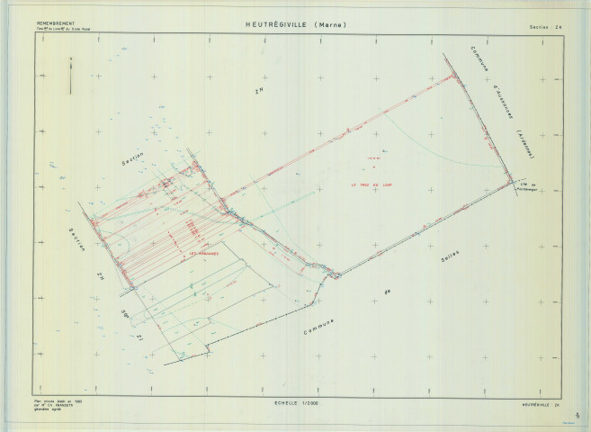 Heutrégiville (51293). Section ZK échelle 1/2000, plan remembré pour 1986, plan régulier de qualité P5 (calque).