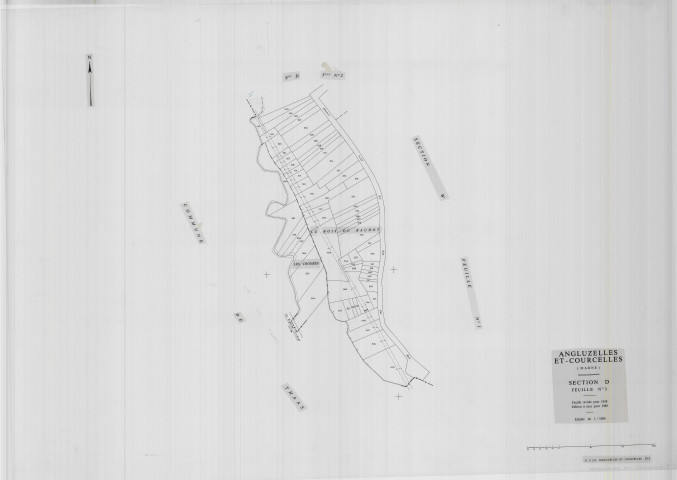 Angluzelles-et-Courcelles (51010). Section D3 1 échelle 1/1000, plan renouvelé pour 01/01/1938, régulier avant 20/03/1980 (calque)